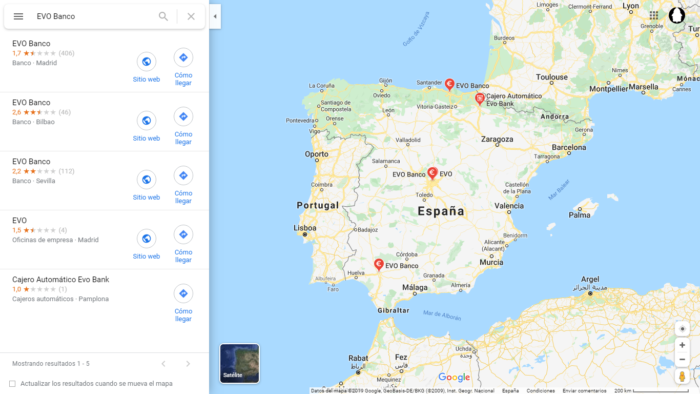 Imagen del mapa de oficinas físicas de EVO Banco que quedan a España