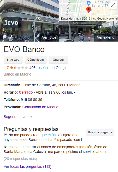 Imagen que muestra las valoraciones, opiniones y reseñas de EVO Banco en la ficha de Google