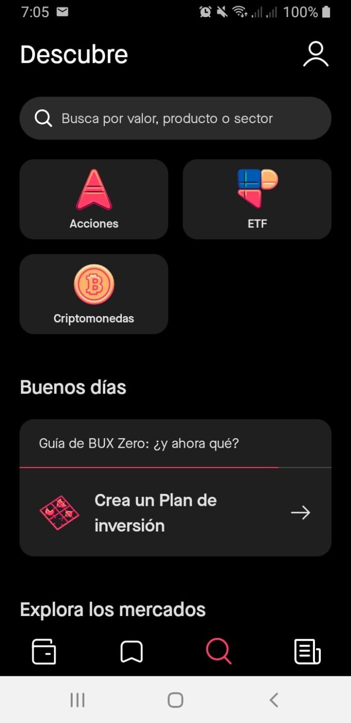 Captura de pantalla app de inversión Bux 0