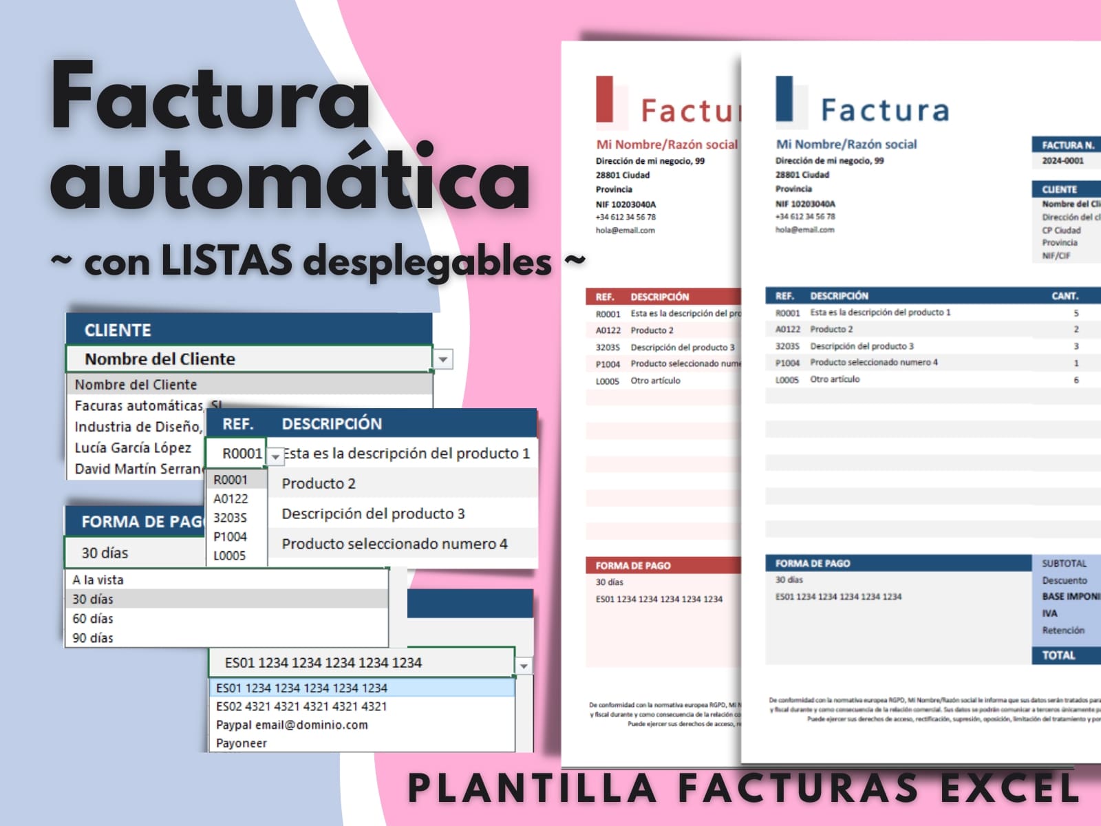 Factura excel para autonomos y pymes con base datos automatica integrada en listas desplegables de clientes y productos autorellenables