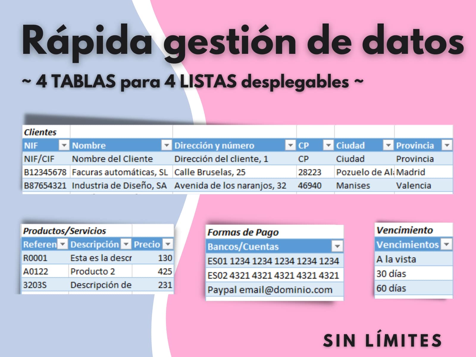 Gestiona los datos de la factura con listas desplegables de clientes y productos autorellenables