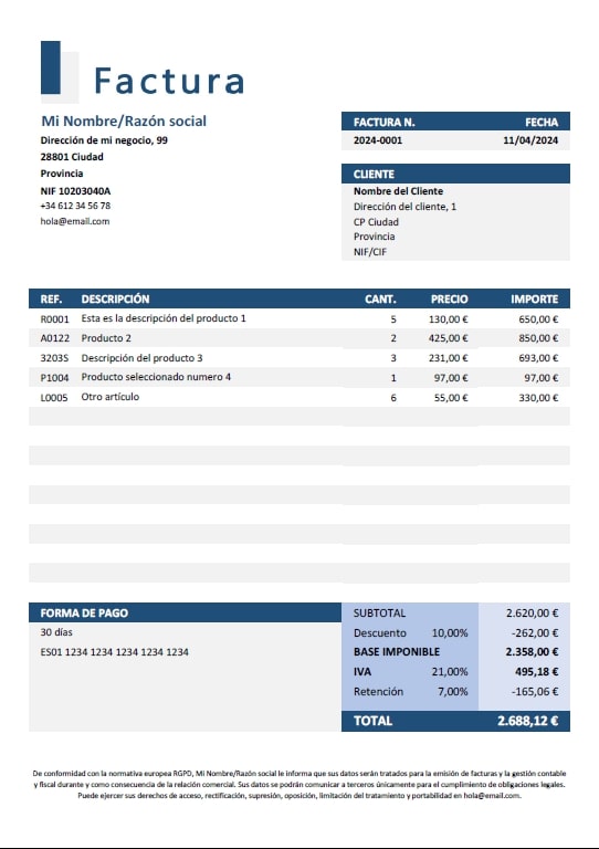 Ejemplo de plantilla para facturas con datos automaticos en listas desplegables de clientes y productos autorellenables - version ejemplo 1