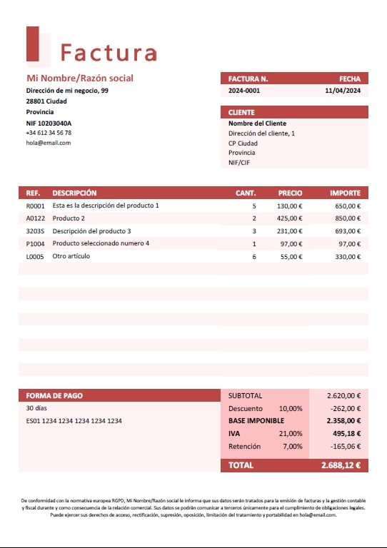 Ejemplo de plantilla para facturas con datos automaticos en listas desplegables de clientes y productos autorellenables - version ejemplo 2